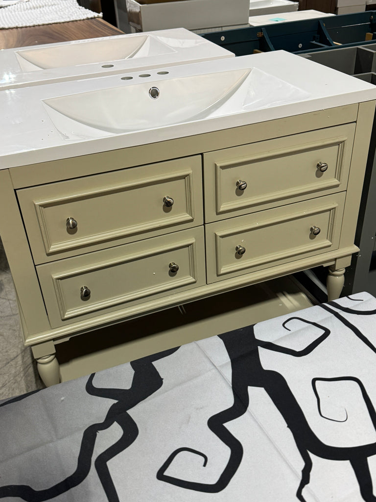 Single Sink Bath Vanity Cabinet in Beige with White Resin Top Undermount Sink