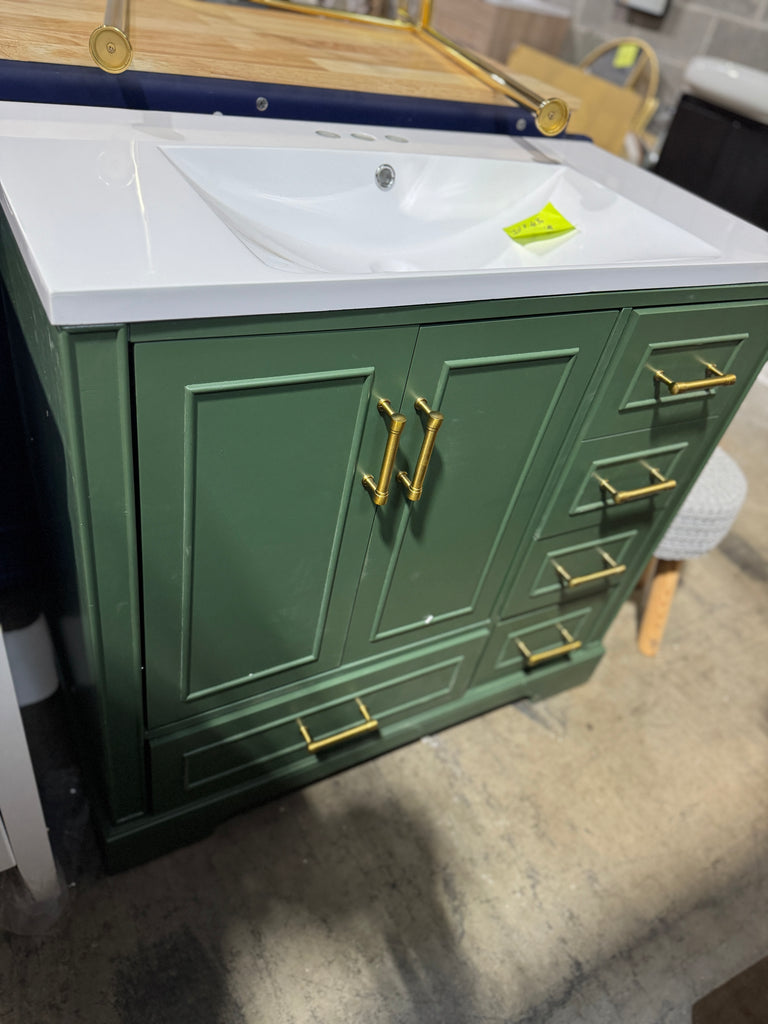 Single Sink Bath Vanity in Green with Resin Top in White