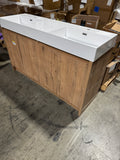 Oak Single Sink Bathroom Vanity with White Solid Surface Top